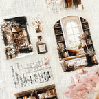 Collage of a cozy room with bookshelves, flowers, and decorative items on a textured background.