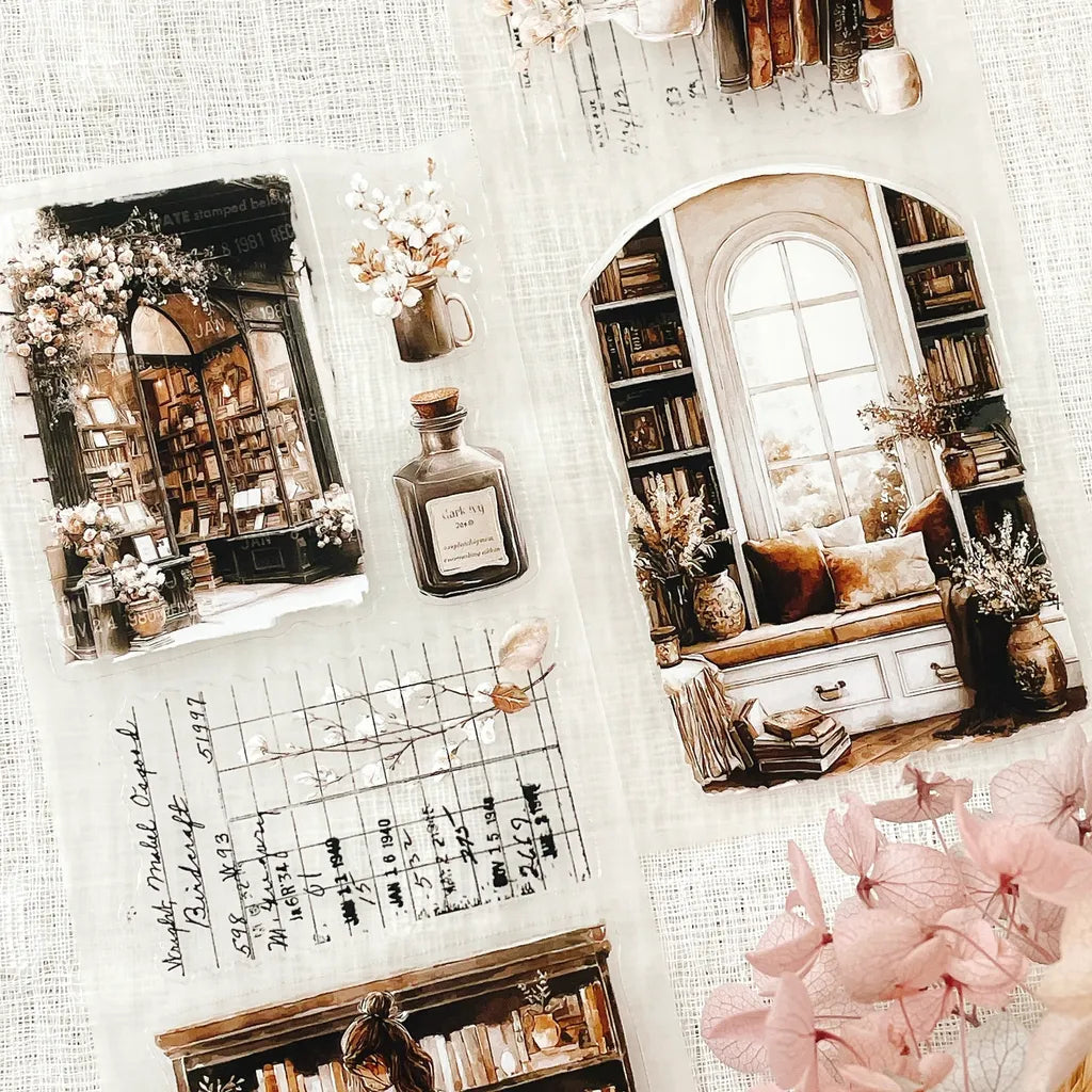 The Cosy Chapter PET Tape cozy room collage with bookshelves and flowers on texture