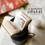 Sticker book titled 'The Enchanted Library' with images of people on a blurred background.