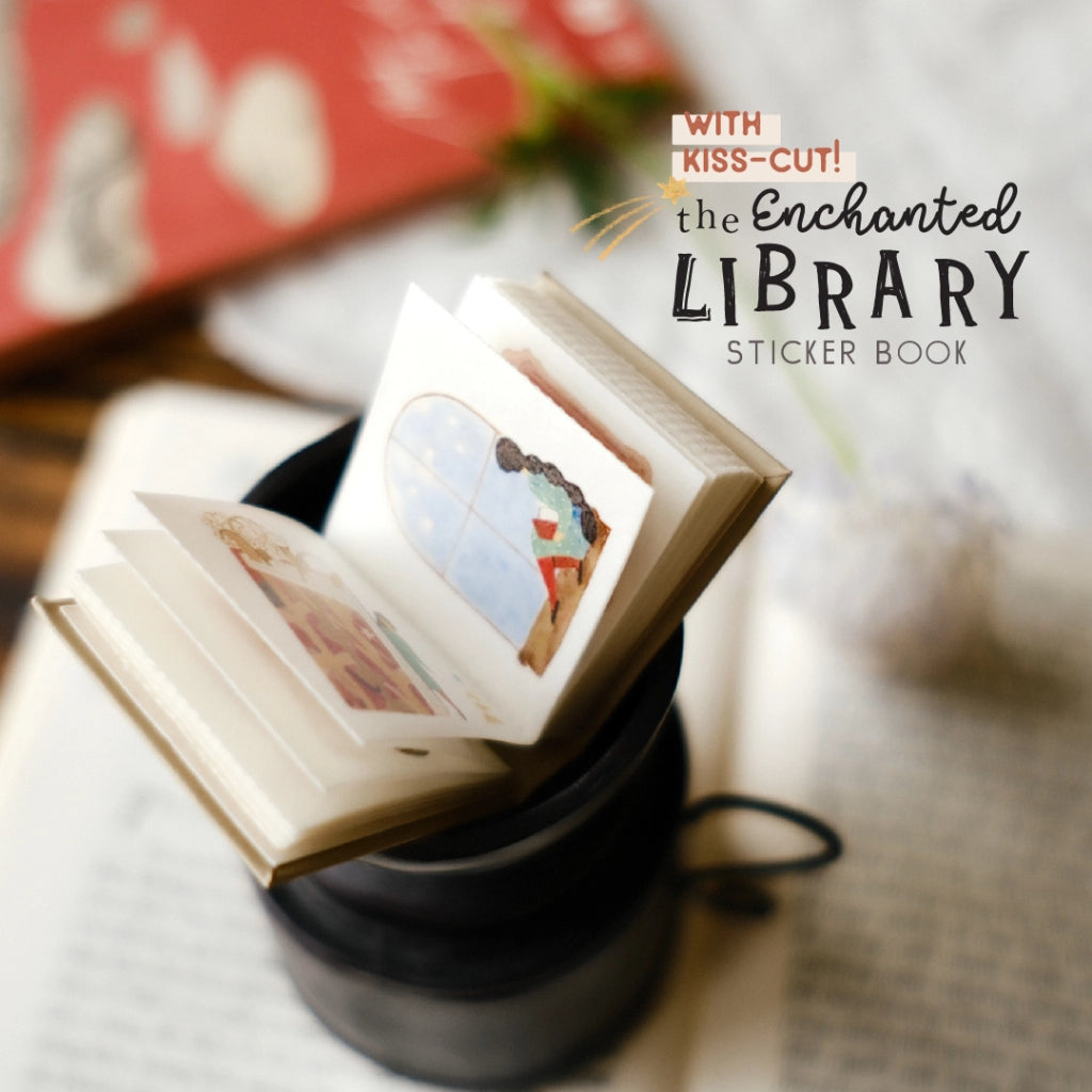 Sticker book titled 'The Enchanted Library' with images of people on a blurred background.