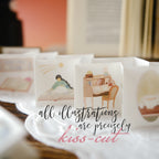 Packaged illustrations with a quote on a white surface