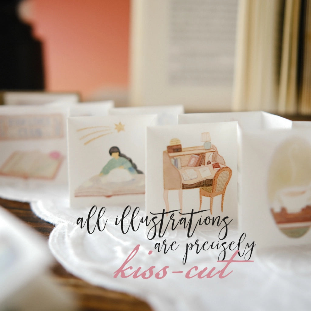 Packaged illustrations with a quote on a white surface