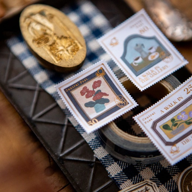 The Gallery Stamp Sticker Sheet by OURS Studio — artistic stamp stickers close-up, for journaling
