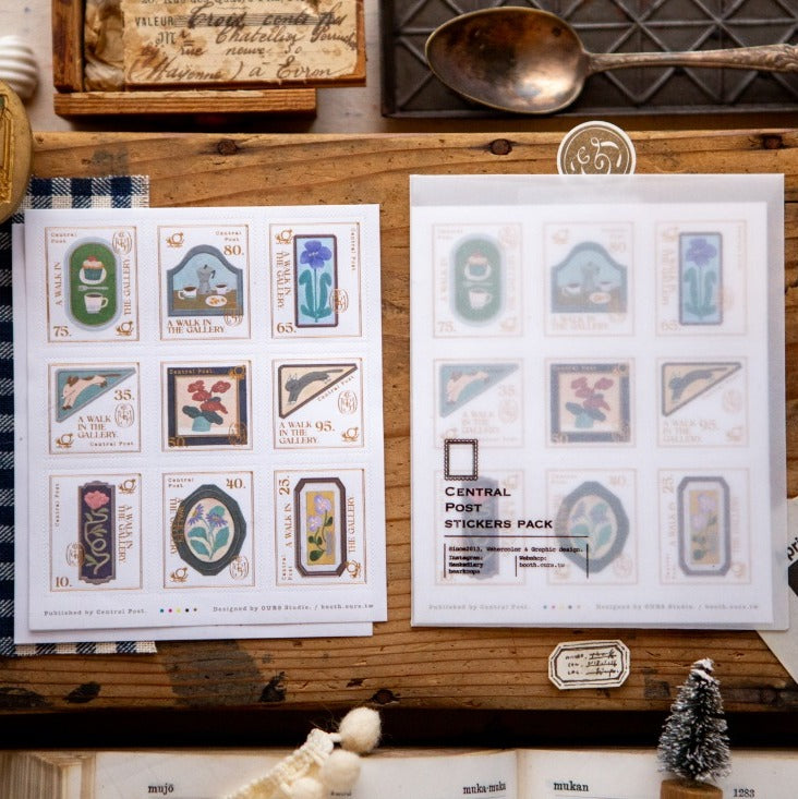 The Gallery Stamp Sticker Sheet by OURS Studio — two vintage postage-stamp sticker sheets, for journaling