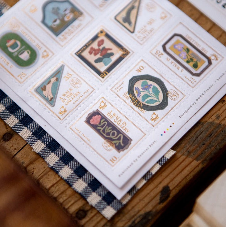 The Gallery Stamp Sticker Sheet by OURS Studio — collection of stamp stickers on wood, for journaling