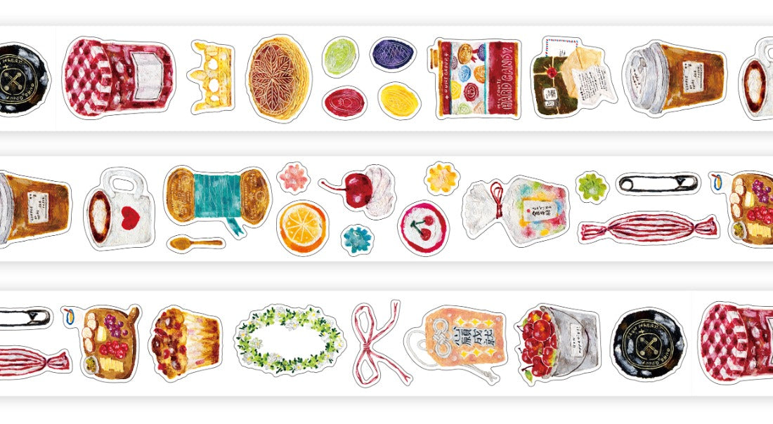 The Gift PET Tape colorful food illustration set laid out on a white background, detail view