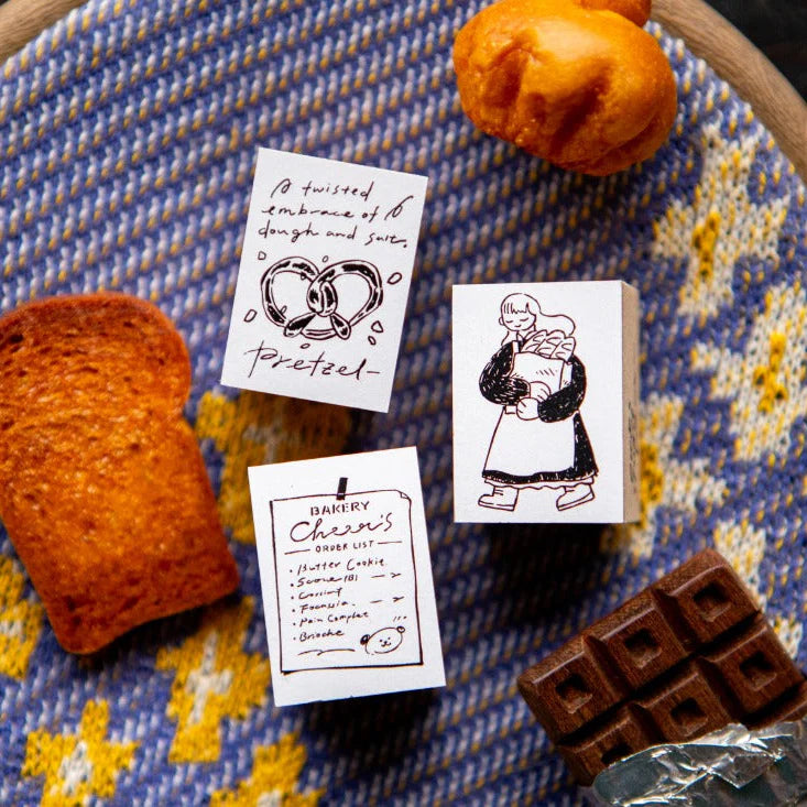 Bakery Series Rubber Stamp cards with bakery illustrations styled with bread and chocolate