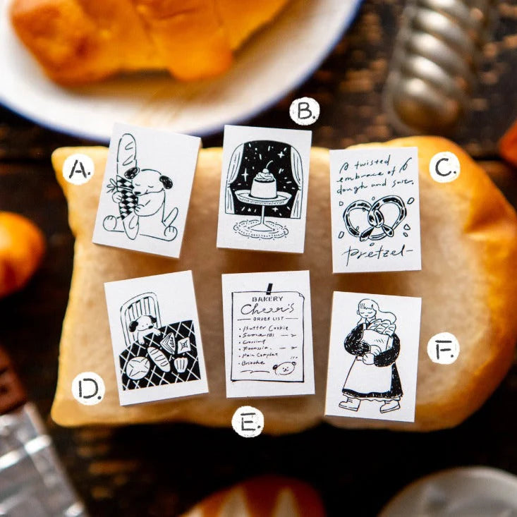 Bakery Series Rubber Stamp prints on cards styled with a pumpkin on a rustic backdrop