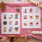 Collection of illustrated stamps on a red and white striped background with decorative elements.