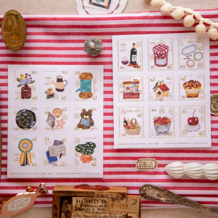Collection of illustrated stamps on a red and white striped background with decorative elements.