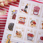 Stamps with illustrations of items and text 'The Gift' on a red and white striped background.