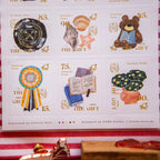 Collection of illustrated stamps with various designs on a white background.