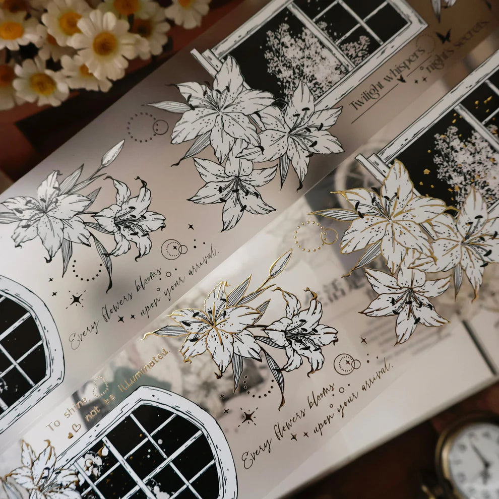 The Lily Window Vintage Flower PET Tape floral design styled on product packaging