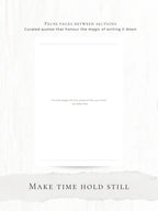 Book cover with text 'Pause pages between sections, Curated quotes that honour the magic of writing it down. Make time hold still.