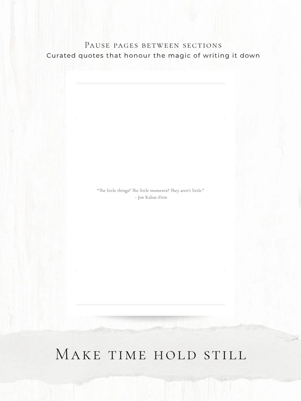 The Memory Keeper A5 Journal feature card describing pause pages and curated writing quotes