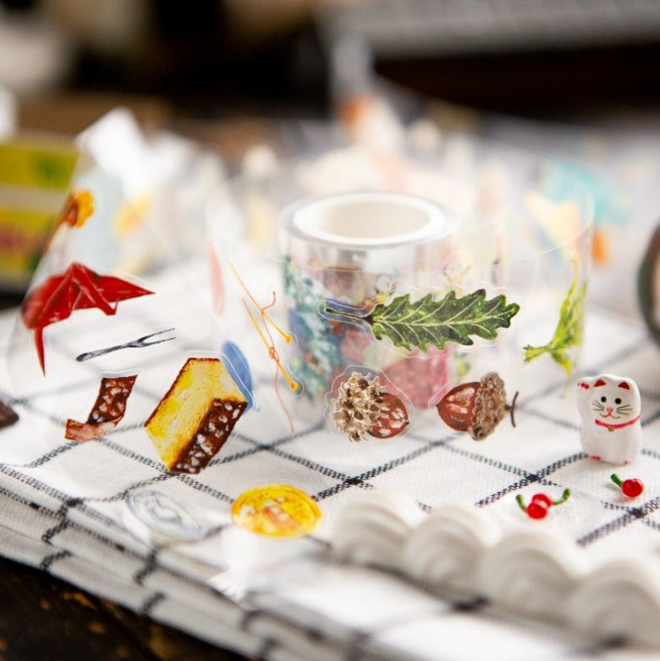 Glassware decorated with The Fortune PET Tape autumn designs on a checkered cloth