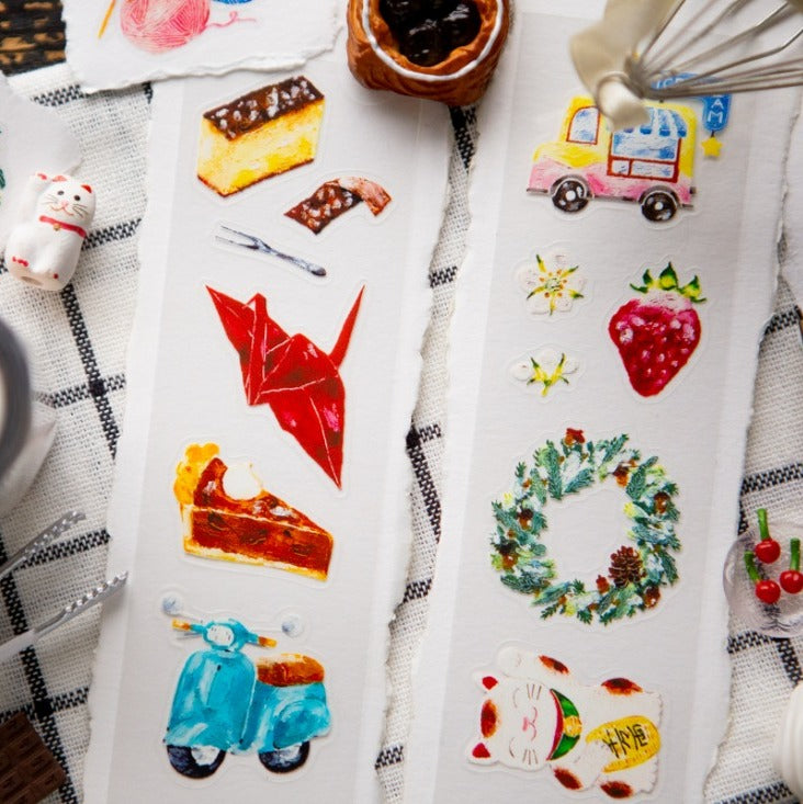 Sticker sheets with various designs including food, vehicles, and festive elements on a textured surface.