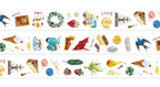 Decorative border with various food items and symbols on a white background