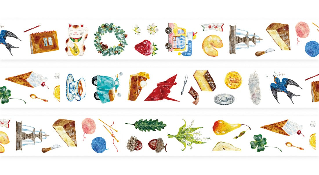 The Fortune PET Tape border of food items and luck symbols on a white background