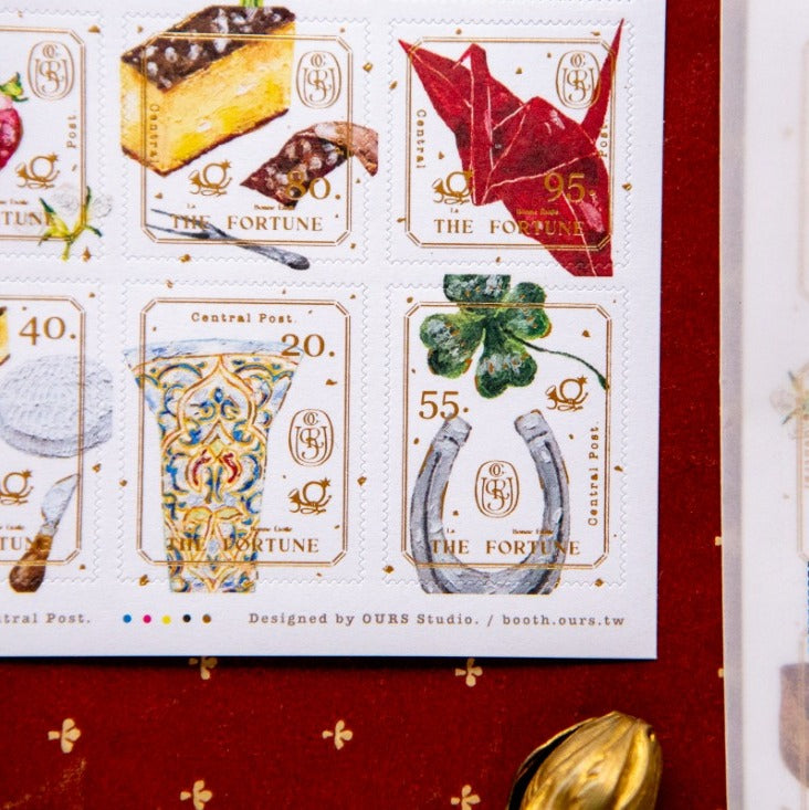Collection of decorative stamps with various symbols on a red background