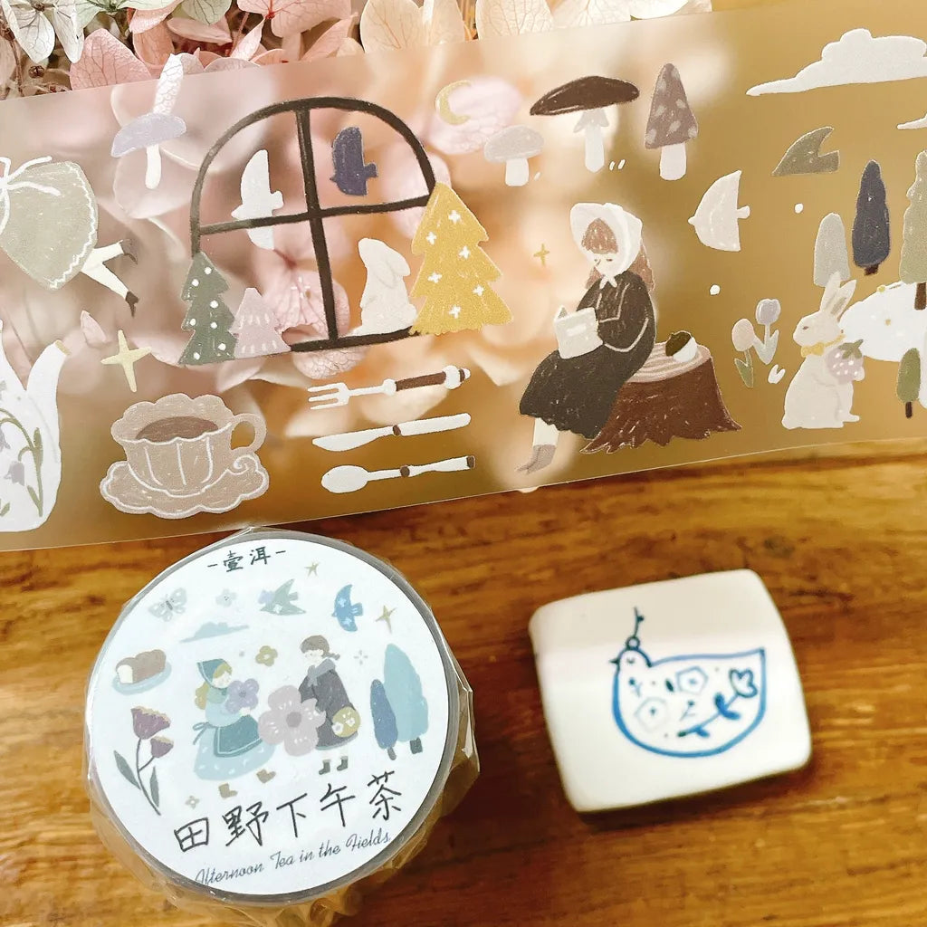 Tian Ye Afternoon Tea PET Tape by Yier — roll of forest tea-time clear PET deco tape, for journaling