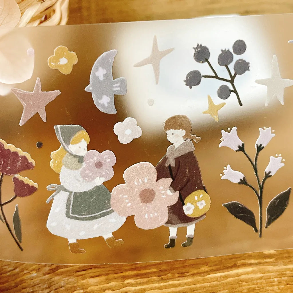 Tian Ye Afternoon Tea PET Tape by Yier — pastel characters, flowers and stars PET tape design, for journaling