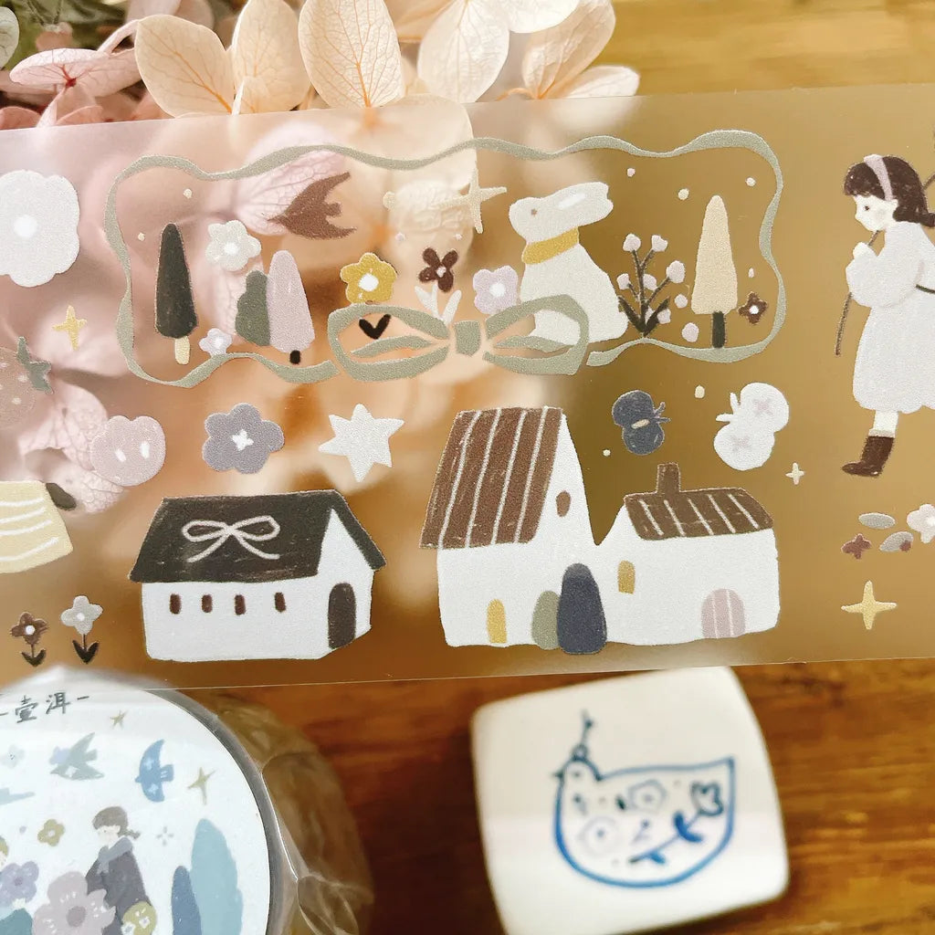 Tian Ye Afternoon Tea PET Tape by Yier — winter cottage clear PET deco tape close-up, for journaling