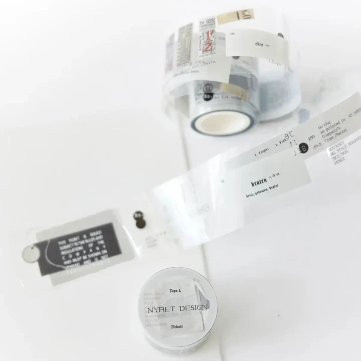 L Ticket Glossy PET Tape by Nyret with vintage ticket and label designs on a white background