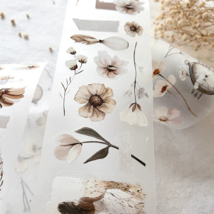 Timeless PET Tape floral and nature sticker designs laid out on a white background