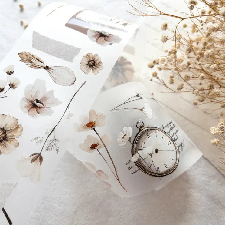 Timeless PET Tape floral paper styled with a pocket watch and dried flowers on texture