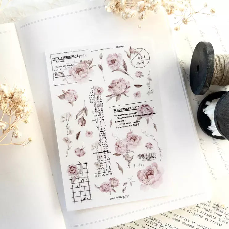 The Blooming Archive Transfer Sticker floral and text sheet with dried flowers and twine