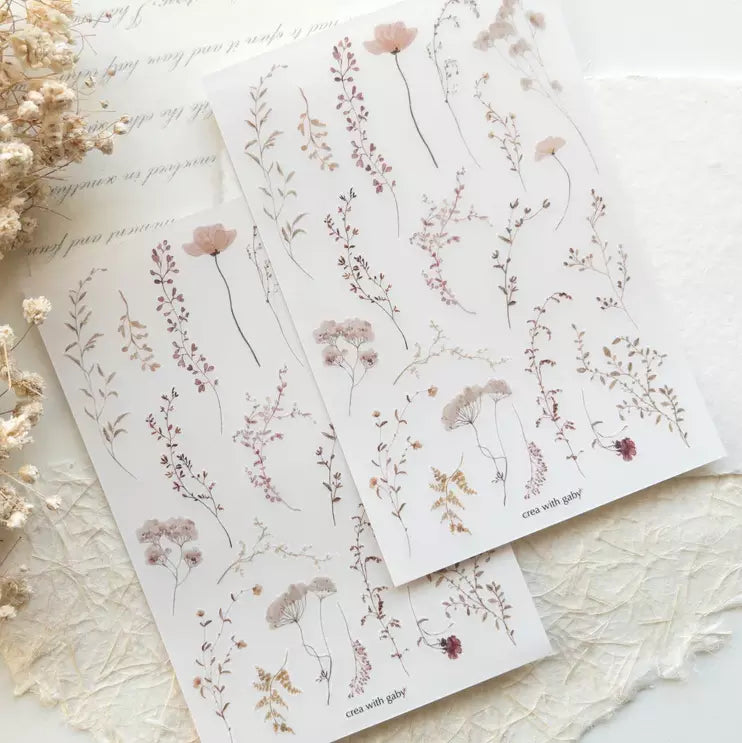 Wildflowers Transfer Sticker floral designs displayed with dried flowers on a textured surface