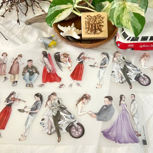 Travelers 4 Matte PET Tape couples, musicians and traveler illustrations styled with plants