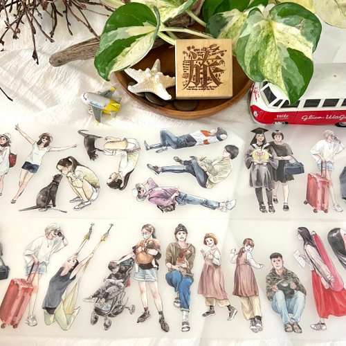 Travelers 4 Matte PET Tape characters displayed with a toy airplane and miniature van