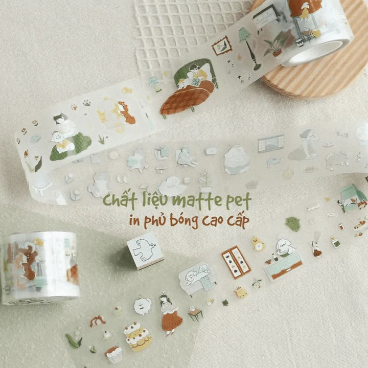 Uchi No Wanchan PET Tape by Teayou with cozy dog illustrations unrolled on a light surface