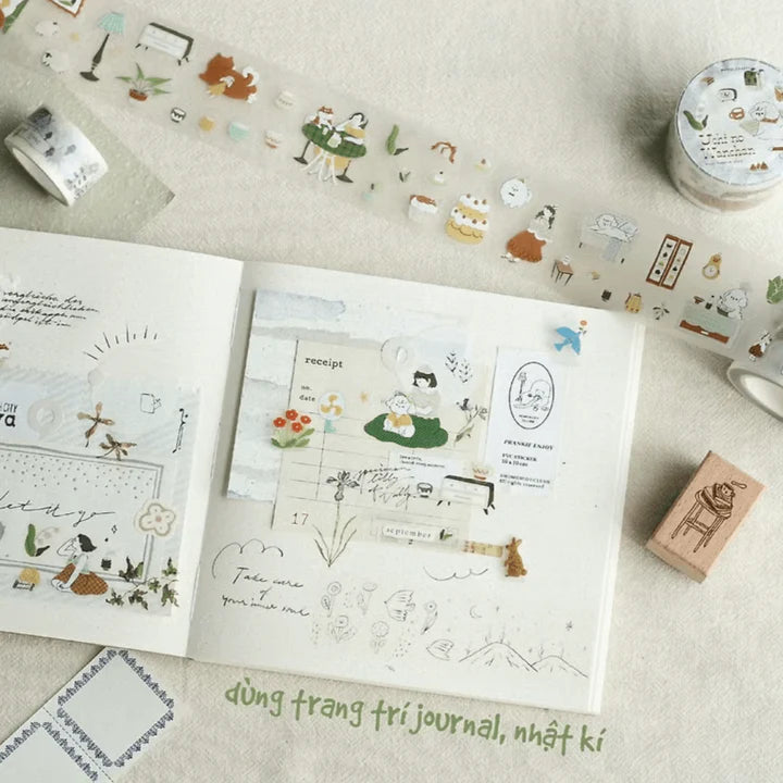 Uchi No Wanchan PET Tape styled with a notebook, stickers and a rubber stamp on texture