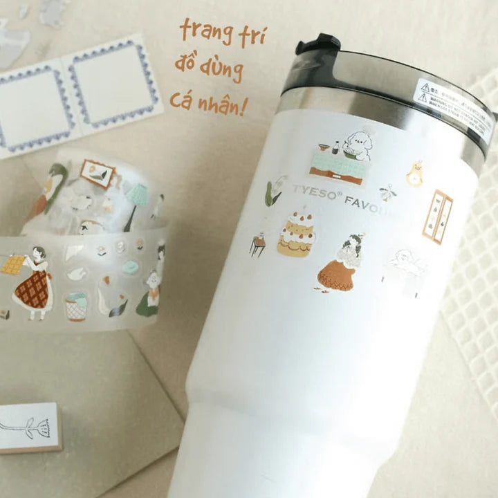 White thermos decorated with Uchi No Wanchan PET Tape dog designs on a beige surface