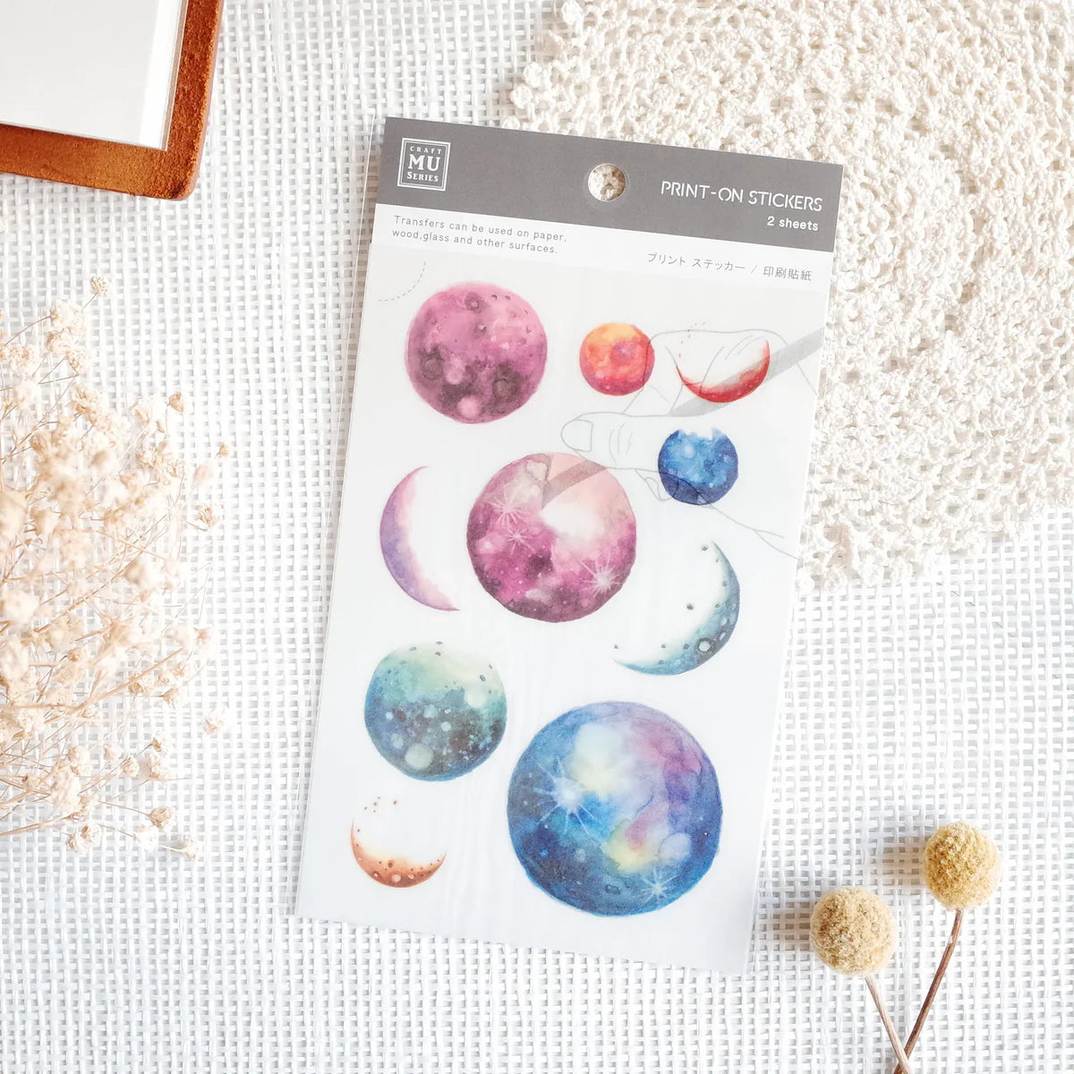 Pack of planet-themed stickers on a textured surface with dried flowers.