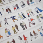 Sheet of decorative stickers featuring illustrations of people in various poses and outfits.