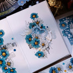 Card with blue and white floral design on a white background