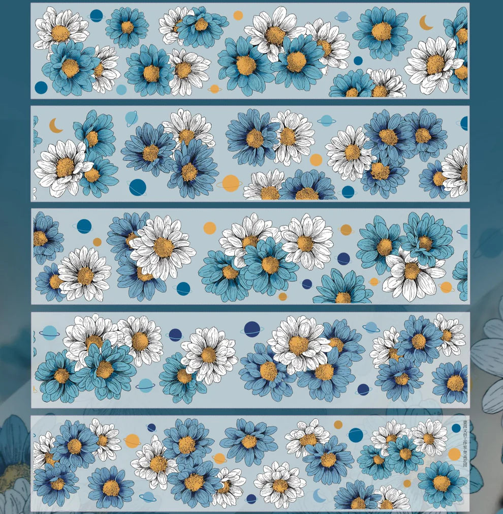 Pattern of blue, white, and orange flowers on a blue background
