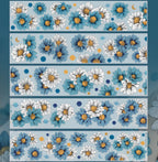 Pattern of blue, white, and orange flowers on a blue background