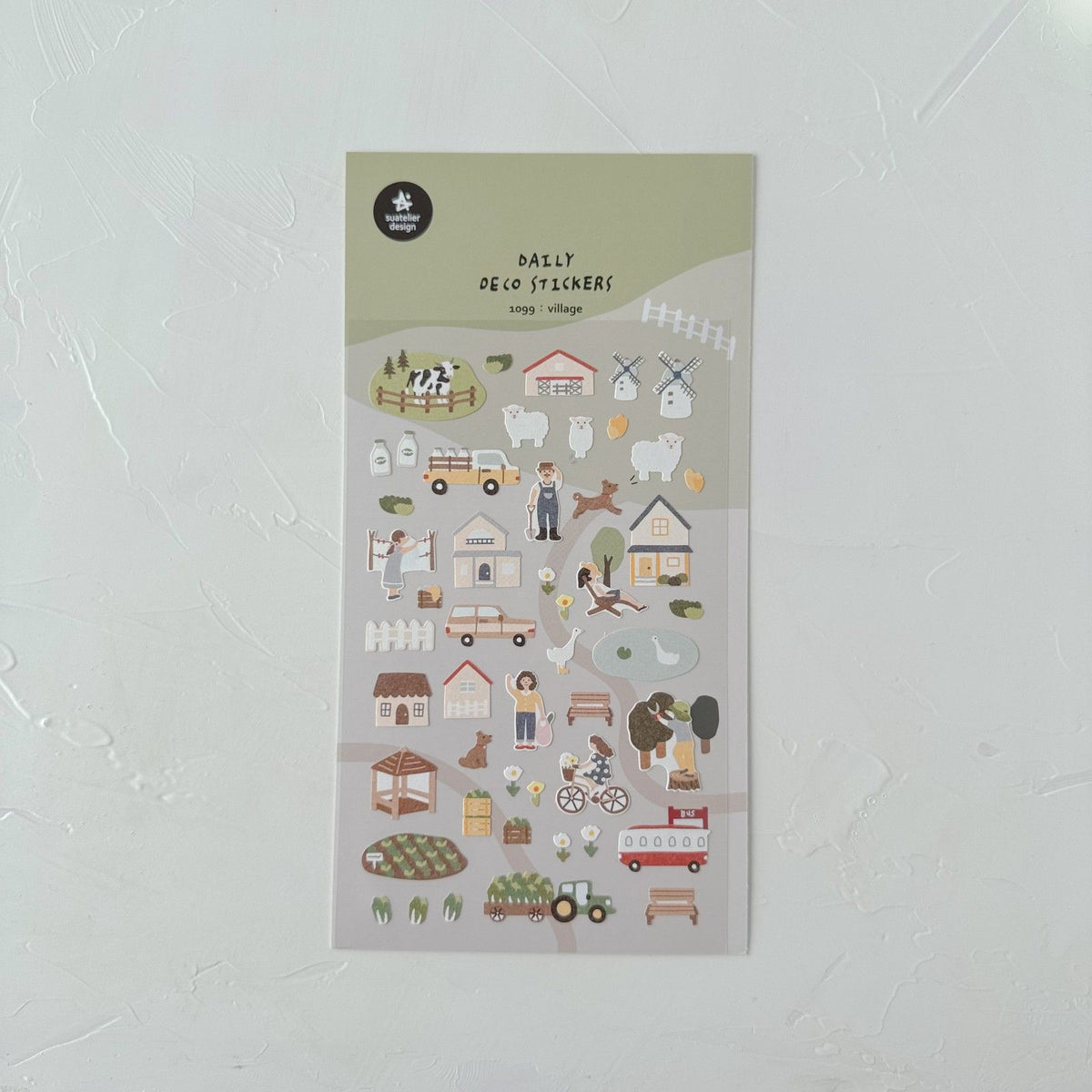 Village Sticker Sheet by Suatelier, illustrated stickers on a light grey background