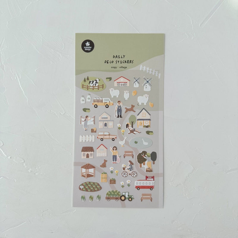 Village Sticker Sheet by Suatelier, illustrated stickers on a light grey background