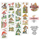Set of decorative stickers with fairy tale houses and nature elements on a white background.