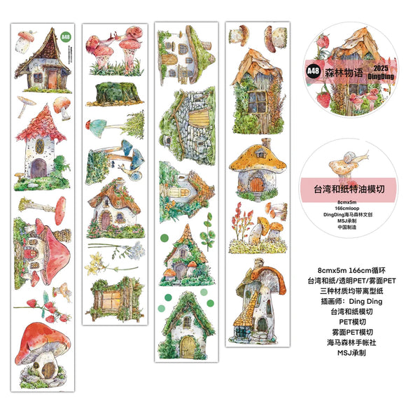 Vintage Forest Cottage A48 PET Tape fairy tale house and nature designs on white