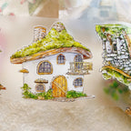 Illustration of a quaint house with a green roof on a textured surface.