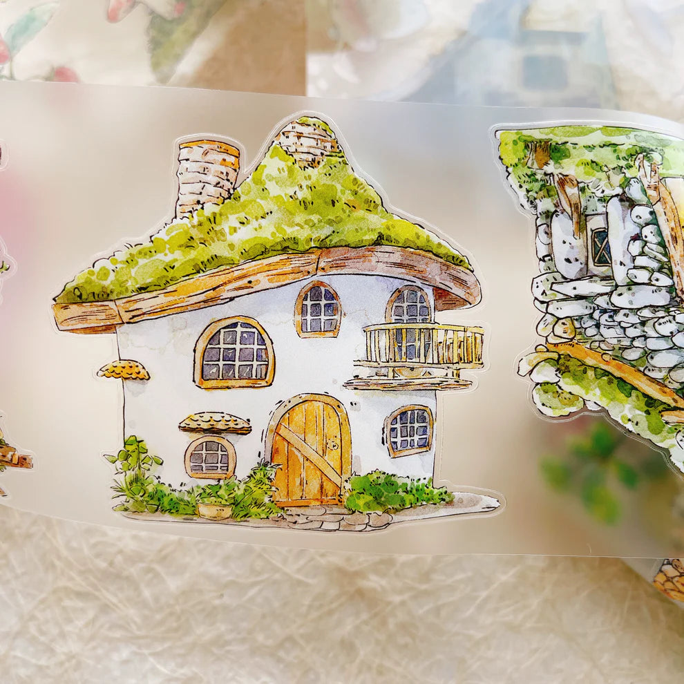 Illustration of a quaint house with a green roof on a textured surface.