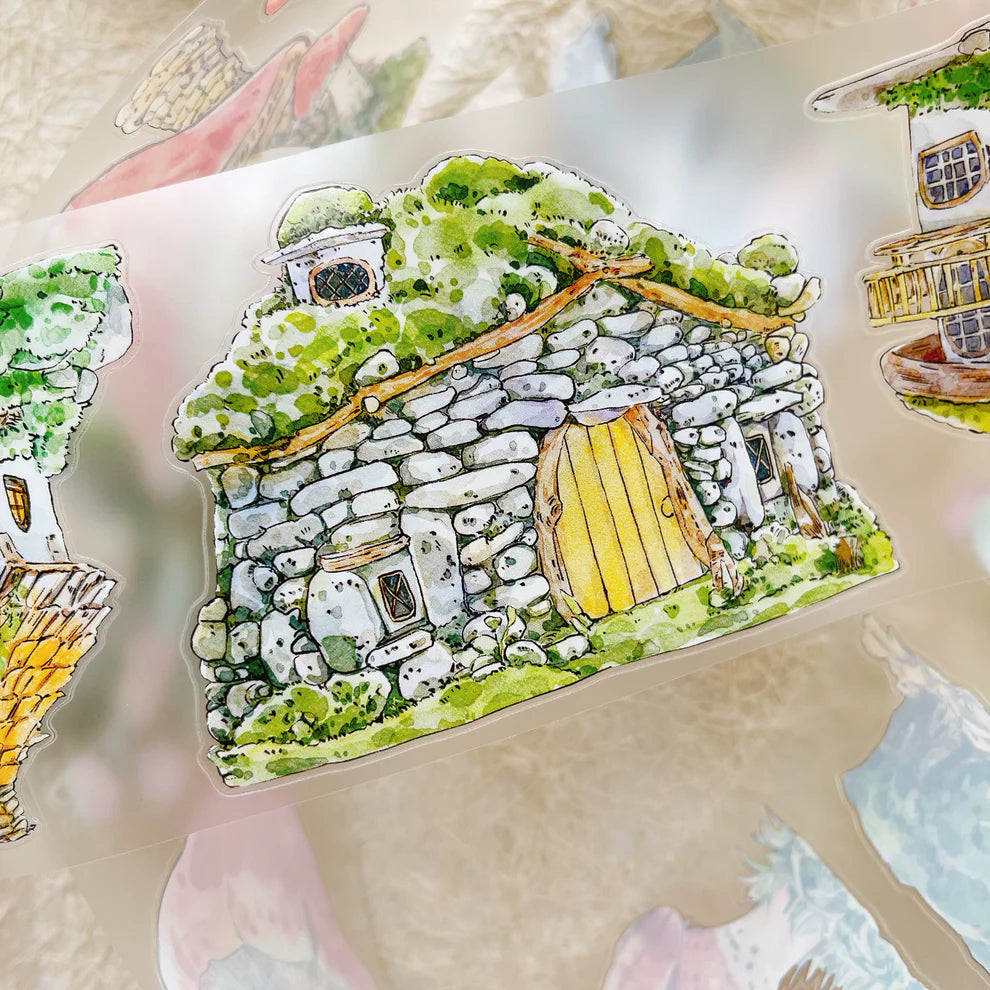 Illustration of a stone cottage with a yellow door on a textured surface.