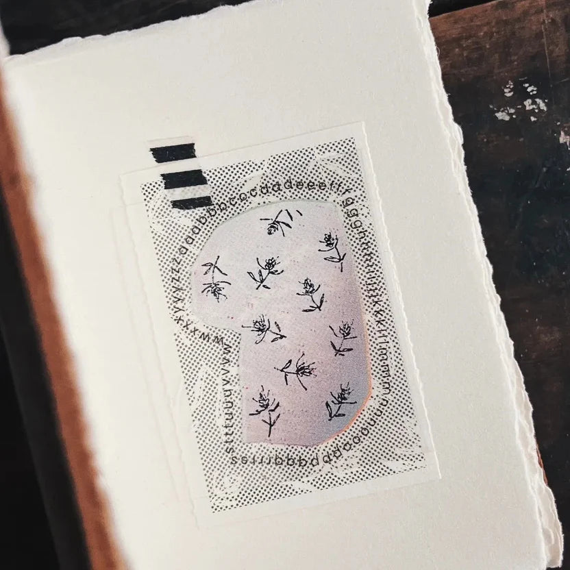 Vintage Hand-Torn Dots and Wreath Memo Pad monochrome design detail on white fabric